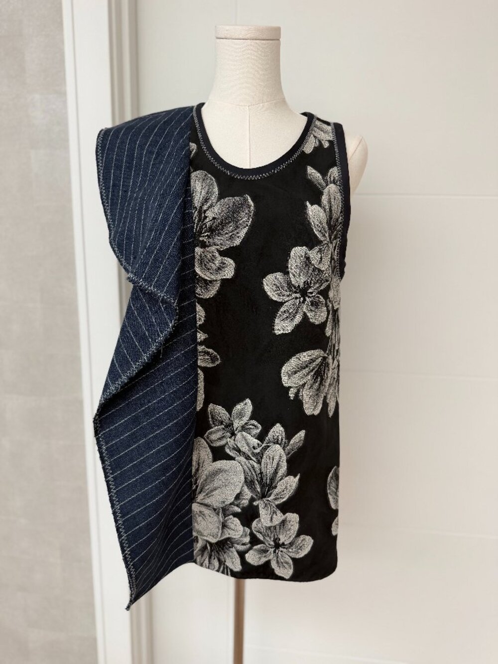 3.1 Phillip Lim Mixed-Media Asymmetric Floral & Pinstripe Tank Top, Size 2